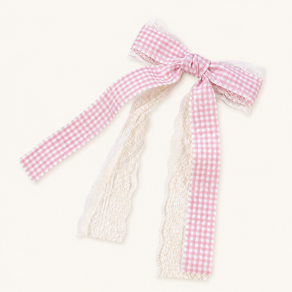 Oversized Gingham Lace Bow in Blush Pink