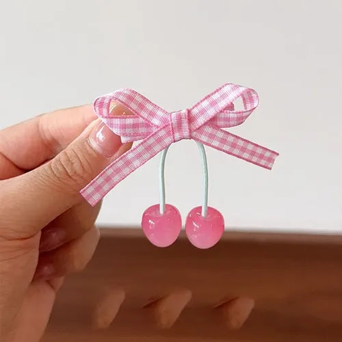 Pair of Pink Gingham Cherry Bow Hair Clips