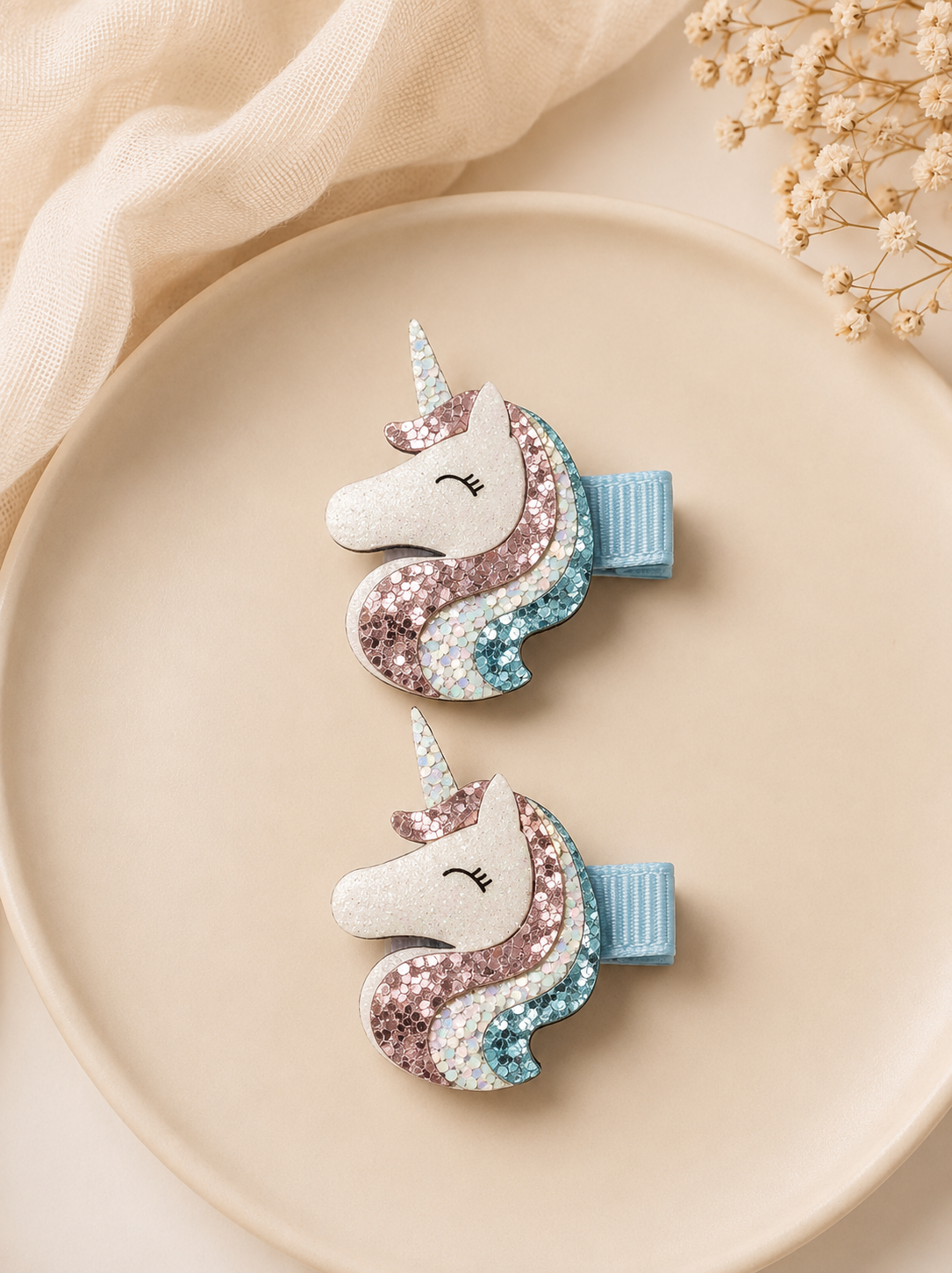 Pastel Glitter Unicorn Hair Clip Set